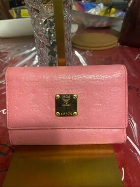 MCM Pink Leather Fold Wallet with Gold Plaque